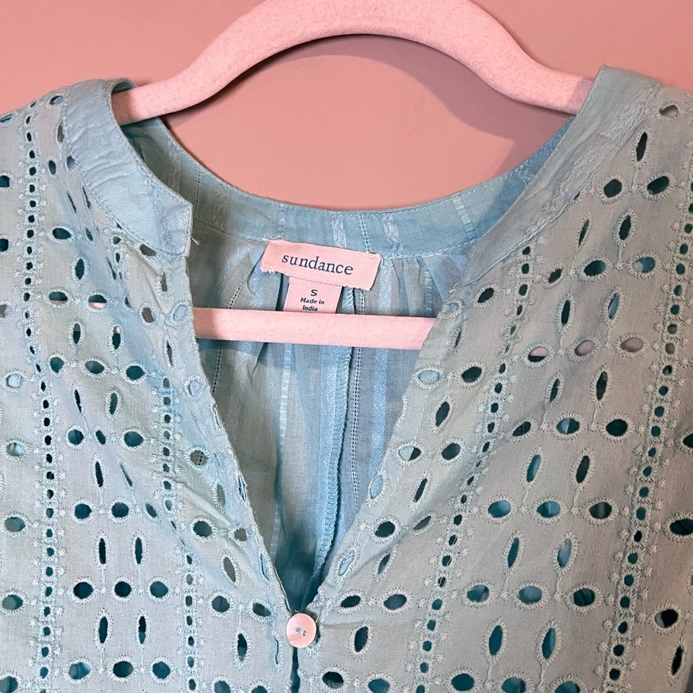 Sundance Embroidered Balloon Sleeve Eyelet Cotton Popover Blouse Blue Small - Picture 4 of 7